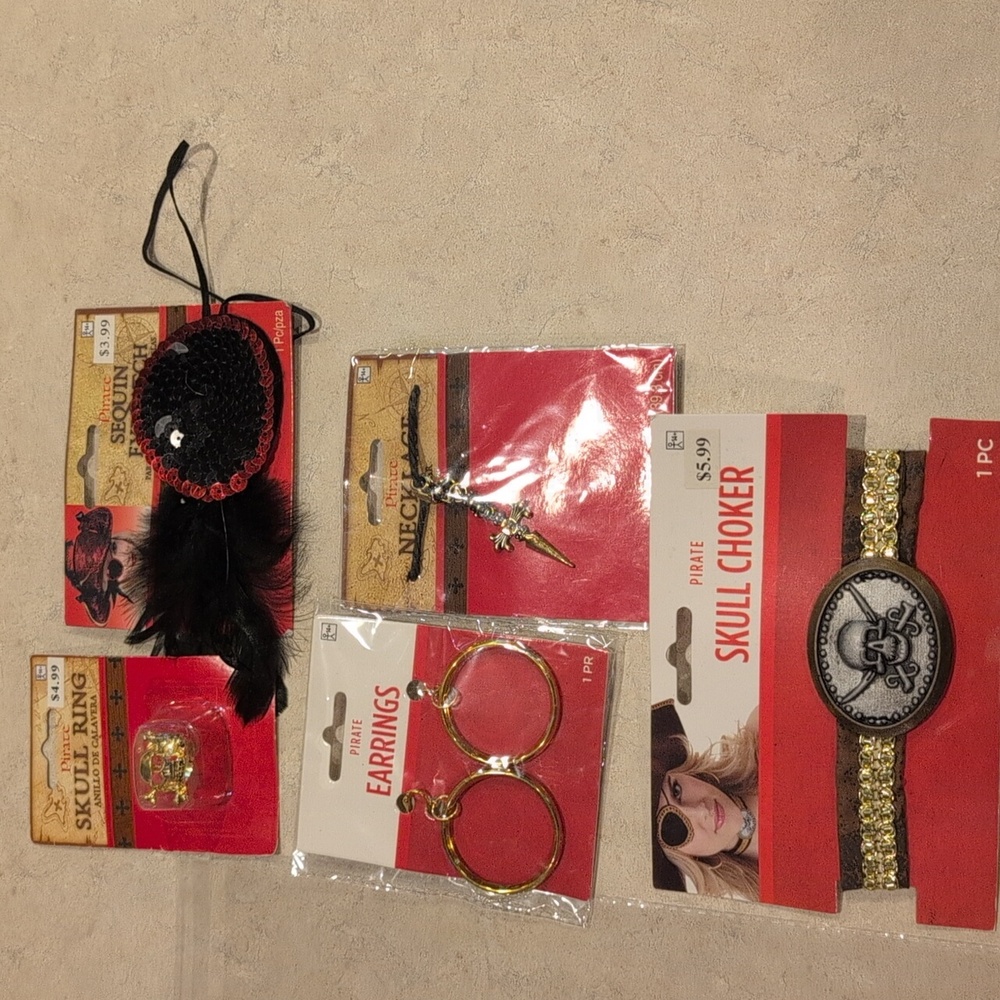 Pirate Accessories * 5 New Pcs * Fancy Eye Patch, Ring, Earrings, Choker, Neckla